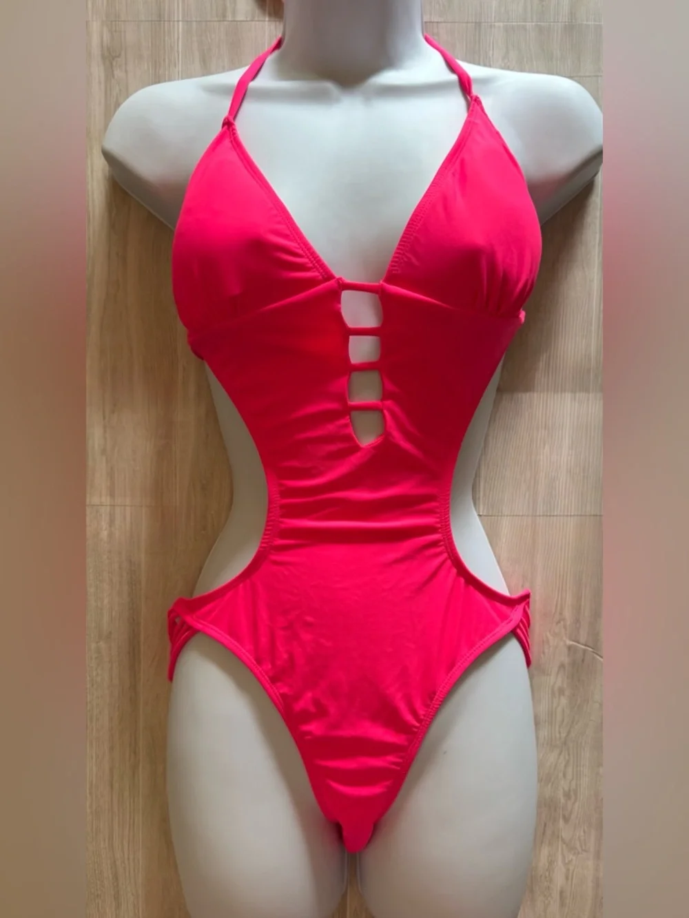 Neon Pink Y2K One-Piece Swimsuit with Side Cut-Outs - size Large - Picture 12 of 12